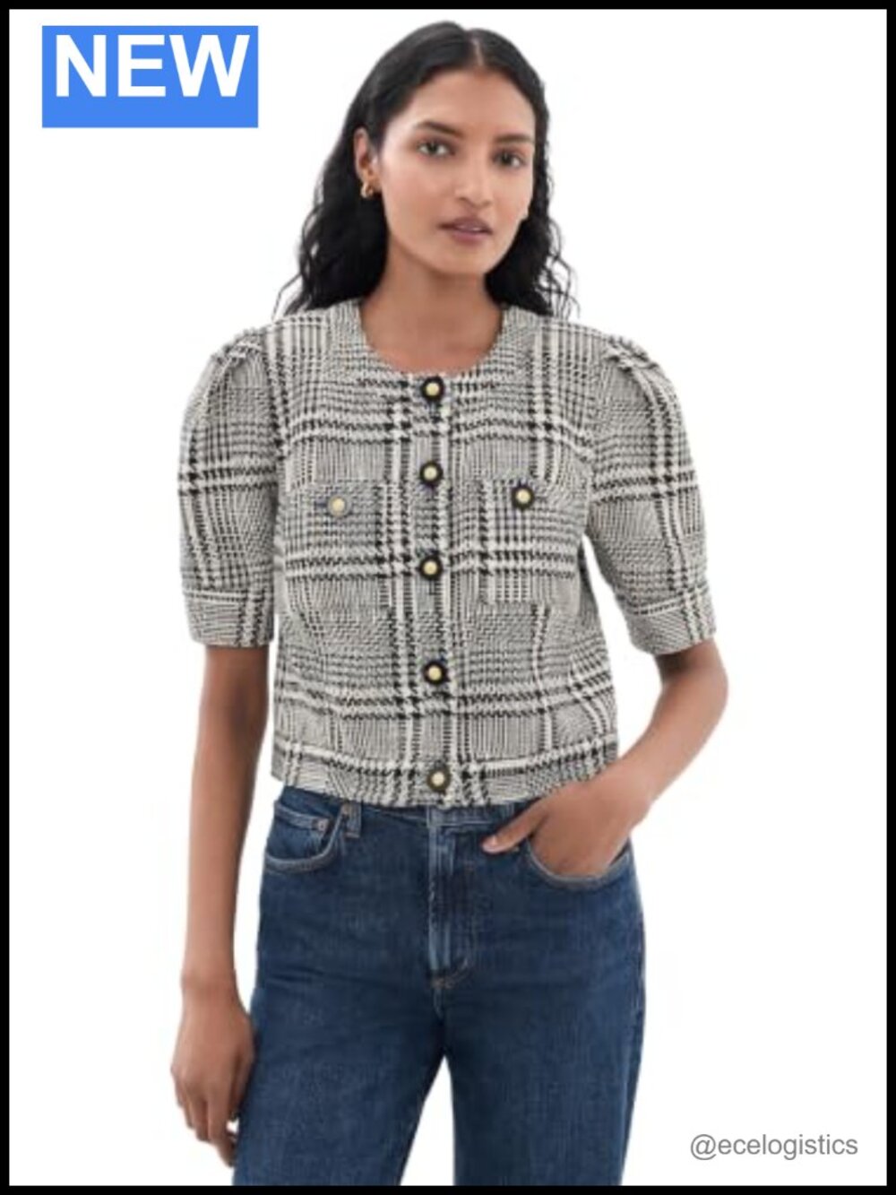 Women's Cropped Tweed Jacket Short Sleeve Padded Shoulders